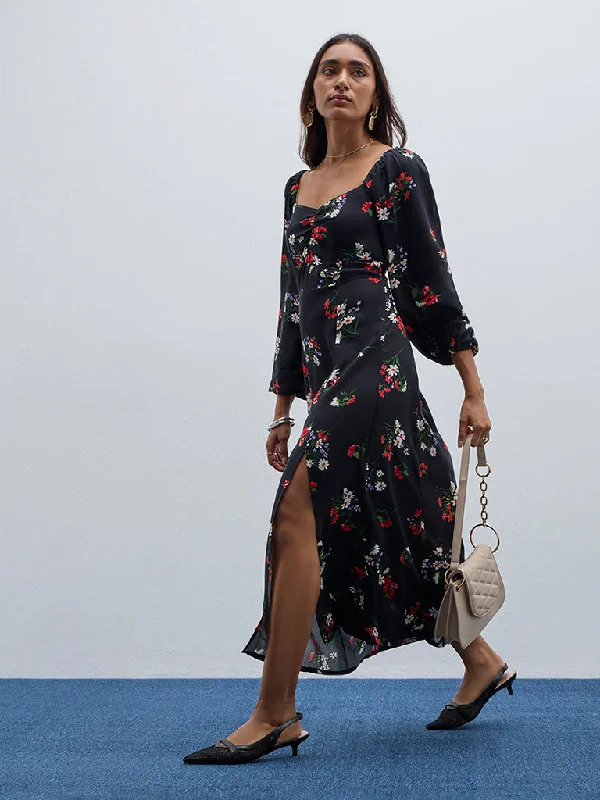 LOV Black Floral Printed A-Line Dress