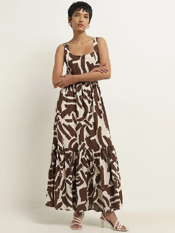 Crazy Deals LOV Brown Abstract Printed Tiered Dress