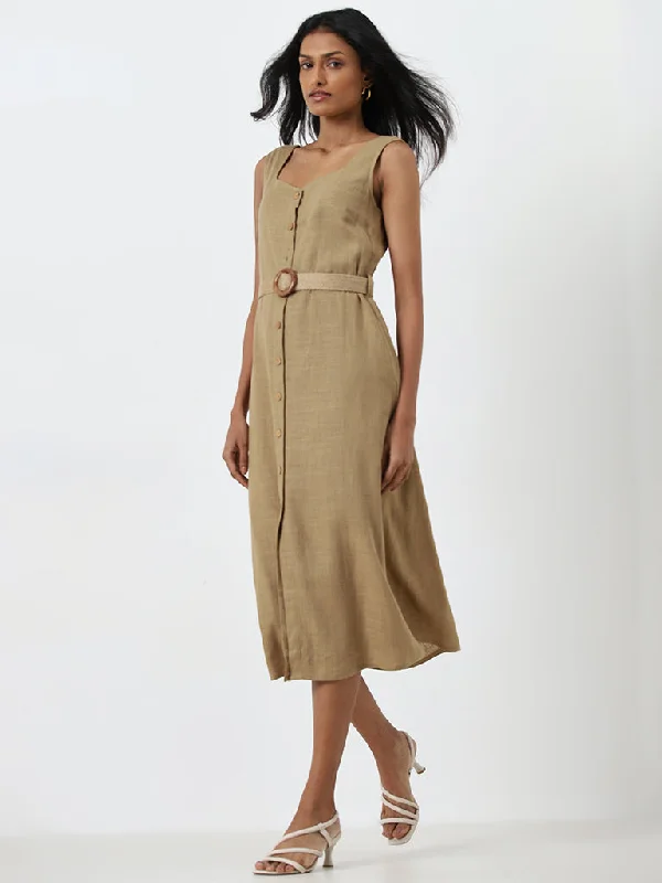 Price Cut LOV Dark Beige A-Line Dress with Belt