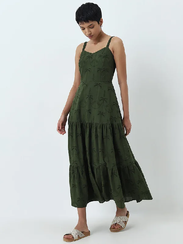 Shop and Save LOV Green Schiffli Design Tiered Cotton Dress