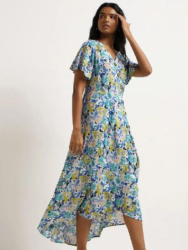 Price Reduction LOV Multicolour Floral Printed Cotton Asymmetric Dress