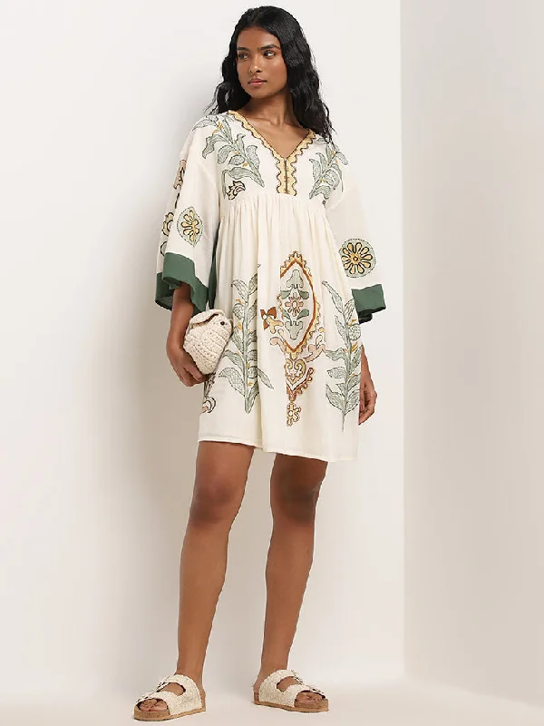Lowest Price LOV Off-White Embroidered A-Line Blended Linen Dress