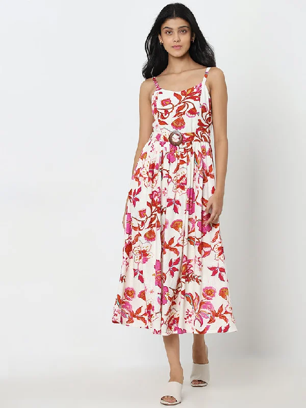 Epic Deals LOV Off-White Floral Design A-Line Dress with Belt