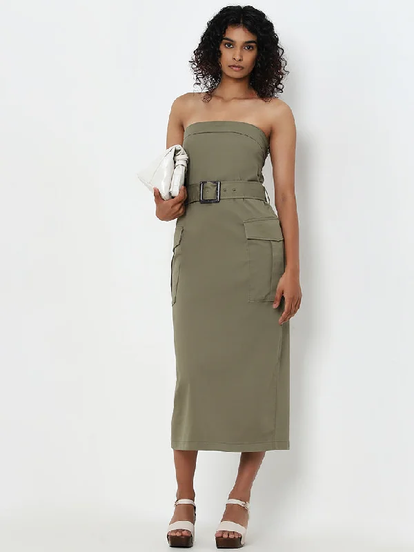 Super Bargain LOV Olive A-Line Cotton Blend Tube Dress with Belt