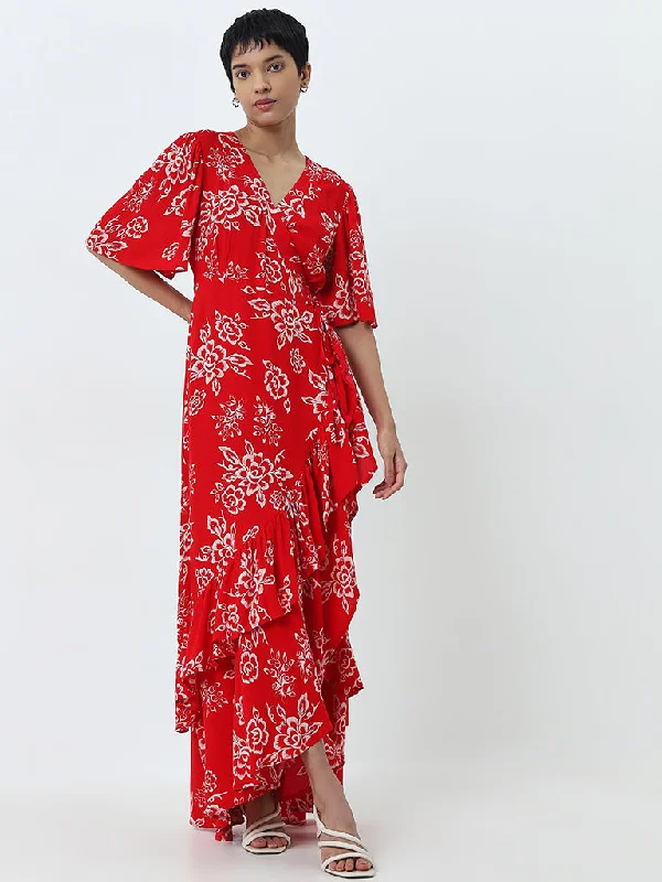 LOV Red Floral Printed Wrap Dress