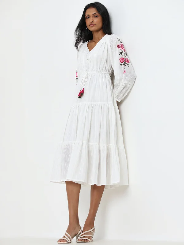 LOV White Floral Embroidered Tiered Cotton Dress