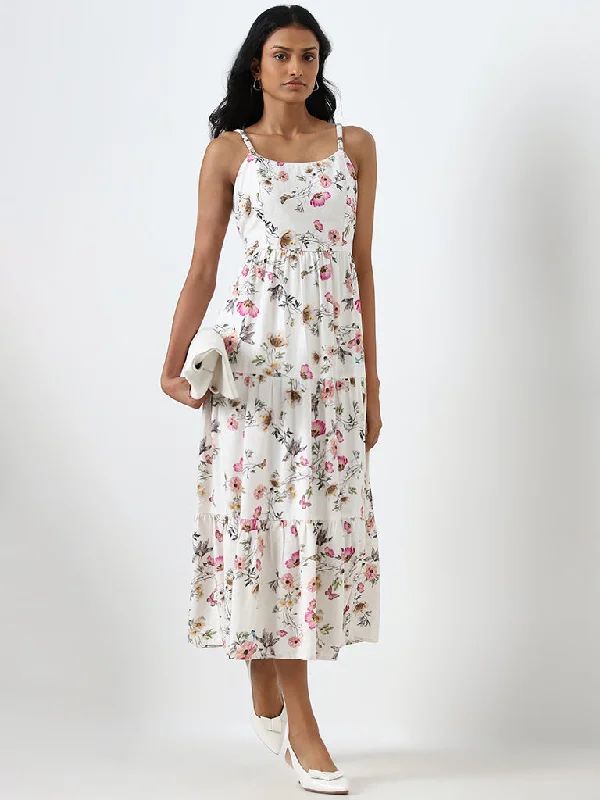 Take Advantage LOV White Floral Printed Linen Blend Tiered Dress