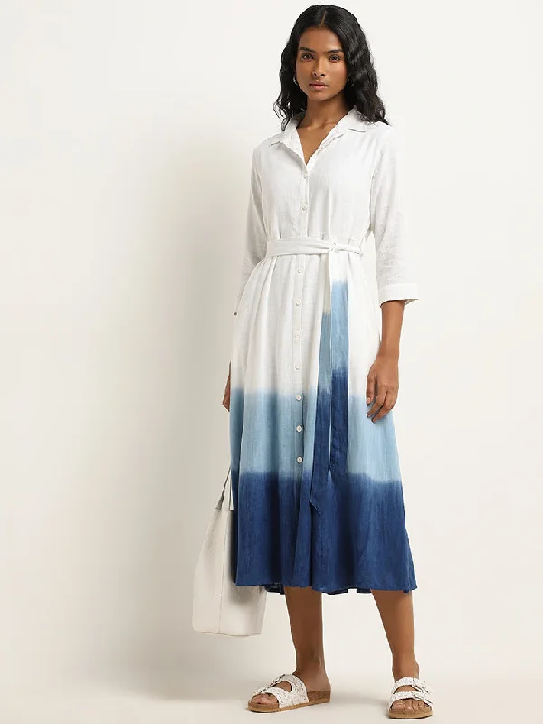 Super Deal LOV White Ombre Blended Linen Shirt Dress with Belt