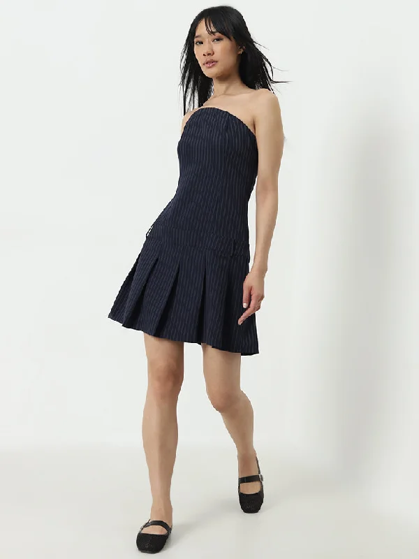 Special Savings Nuon Navy Pinstriped Tube Cotton Blend Dress