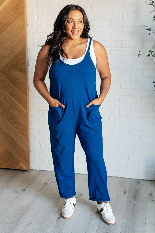 Stock Clearance Totally Me Spaghetti Strap Jumpsuit in Light Navy
