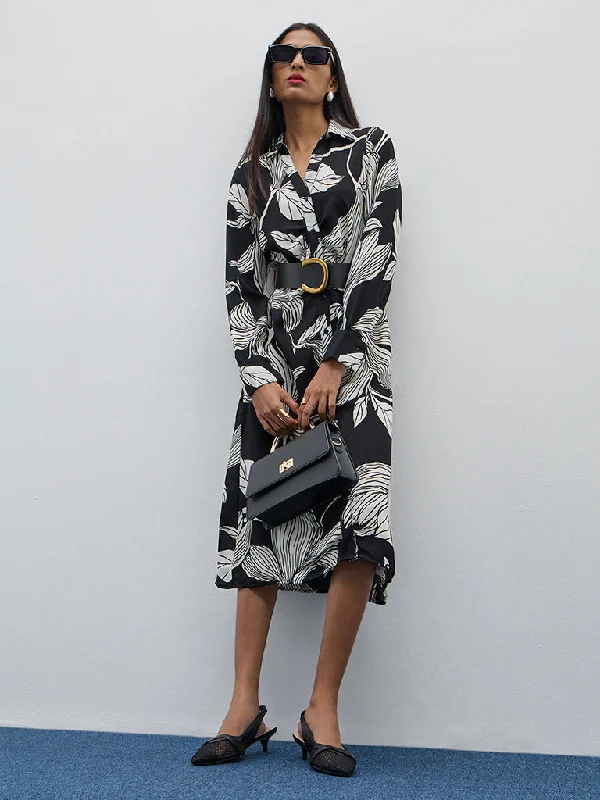 Wardrobe Black Botanical Printed A-Line Dress