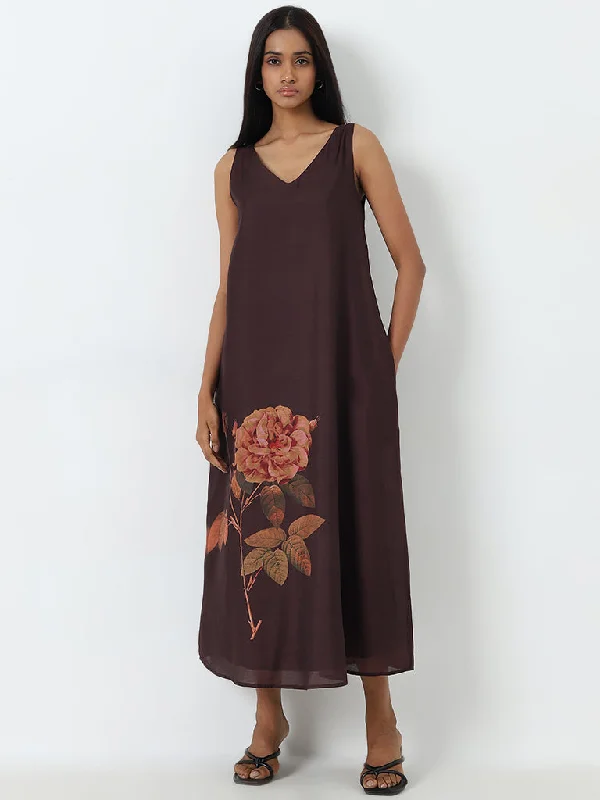 Wardrobe Brown Floral Printed A-Line Dress