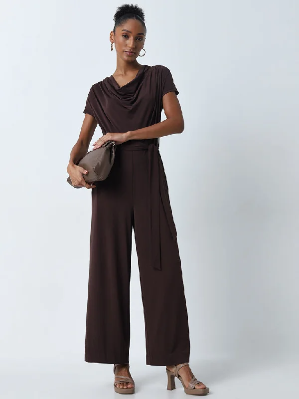 Sale Event Wardrobe Dark Brown Cowl Neck Jumpsuit with Belt