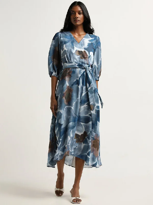 Online Specials Wardrobe Dusty Blue Foliage Printed A-Line Dress with Belt