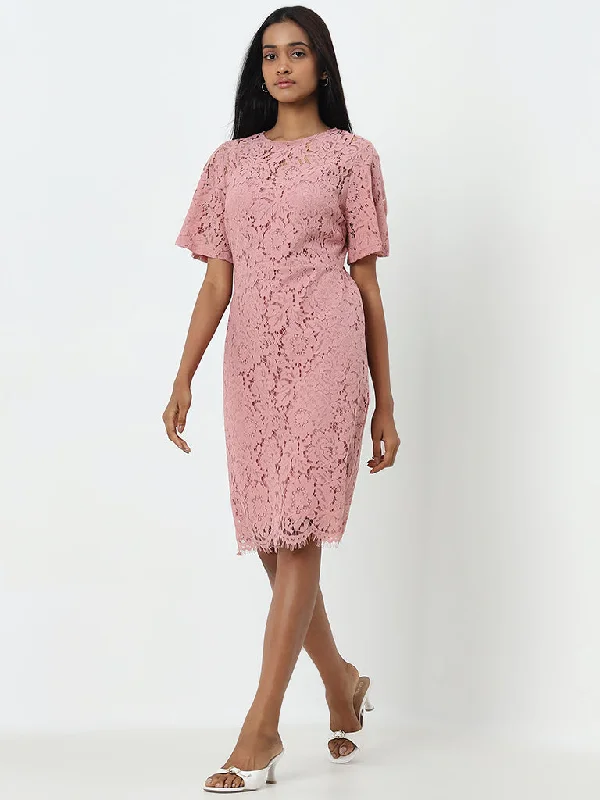 Act Now Wardrobe Dusty Pink Floral Lace A-Line Dress