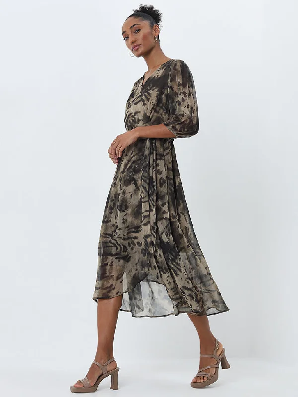 Instant Discount Wardrobe Olive Abstract Design Wrap Dress with Belt