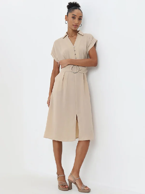 Can't Miss Wardrobe Solid Beige A-Line Dress with Belt