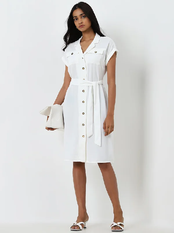 Huge Savings Wardrobe Solid Off-White A-Line Dress with Belt
