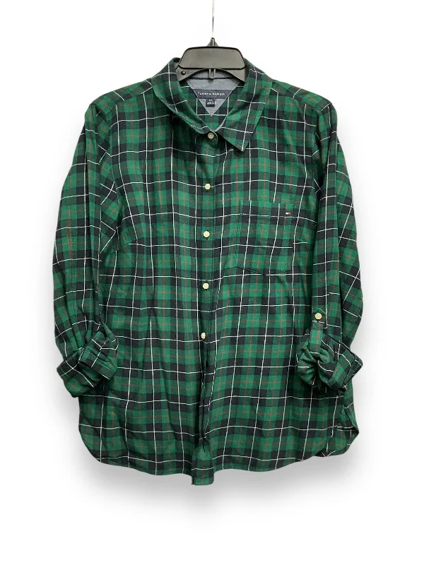 Final Clearance Blouse Long Sleeve By Tommy Hilfiger In Plaid Pattern, Size: L