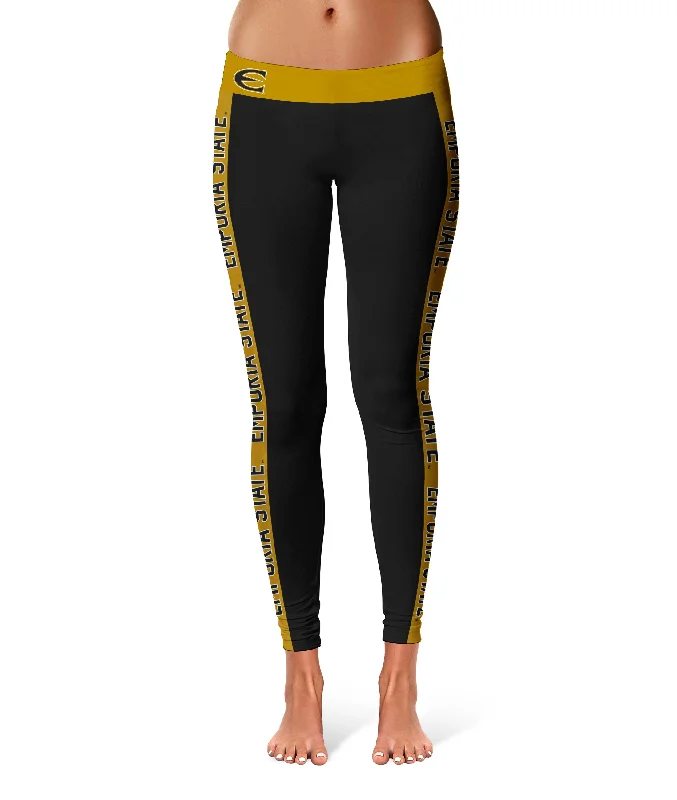 Emporia State University Hornets Game Day Gold Stripes Black Yoga Leggings for Women by Vive La Fete