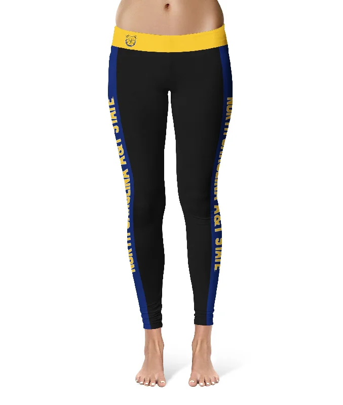 North Carolina A&T Aggies Game Day Blue Stripes Black Yoga Leggings for Women by Vive La Fete