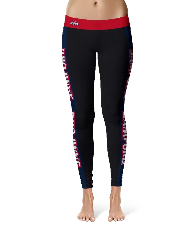 Samford University Bulldogs Game Day Navy Stripes Black Yoga Leggings for Women by Vive La Fete