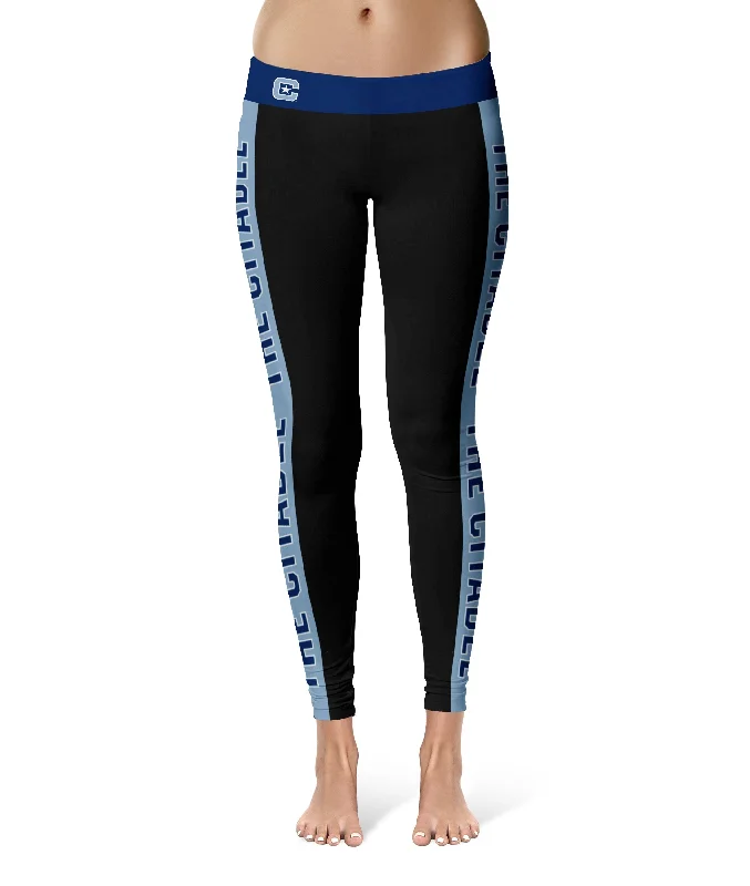 Price Buster The Citadel Bulldogs Game Day Light Blue Stripes Black Yoga Leggings for Women by Vive La Fete