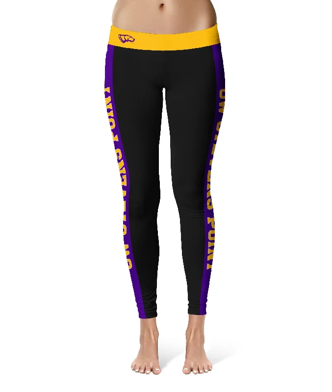 Discount Deals UW-Stevens Point Pointers UWSP Game Day Purple Stripes Black Yoga Leggings for Women by Vive La Fete