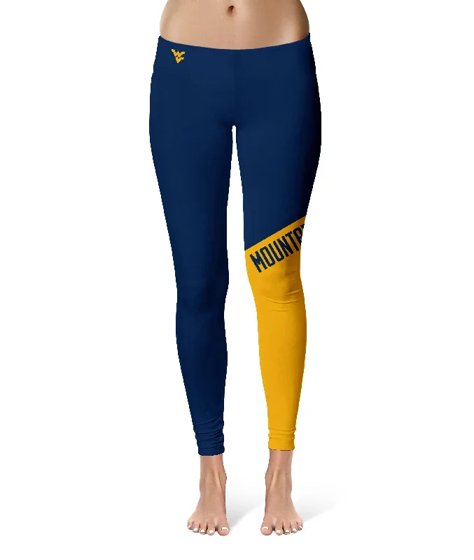 Final Clearance West Virginia University Mountaineers Game Day Leg Color Block Navy Gold Yoga Leggings for Women by Vive La Fete Final Clearance West Virginia University Mountaineers Game Day Leg Color Block Navy Gold Yoga Leggings for Women by Vive La Fete