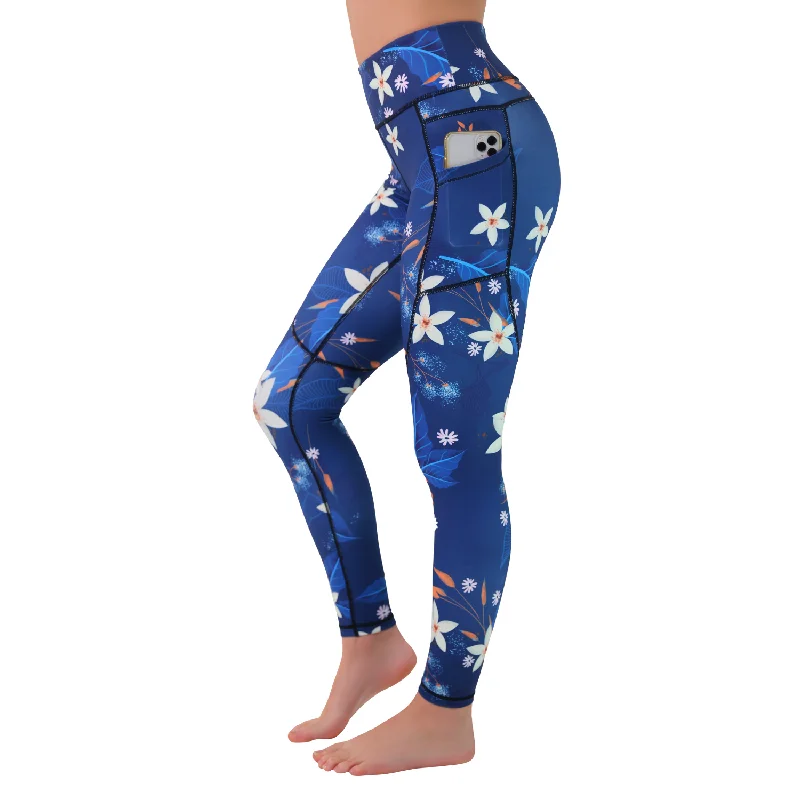 Limited Availability Women's Compression Leggings W/ Pockets - Flower Blue