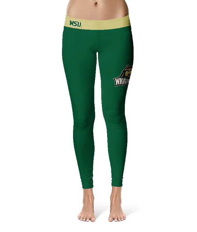 Wright State Raiders Game Day Logo on Thigh Green Yoga Leggings for Women by Vive La Fete